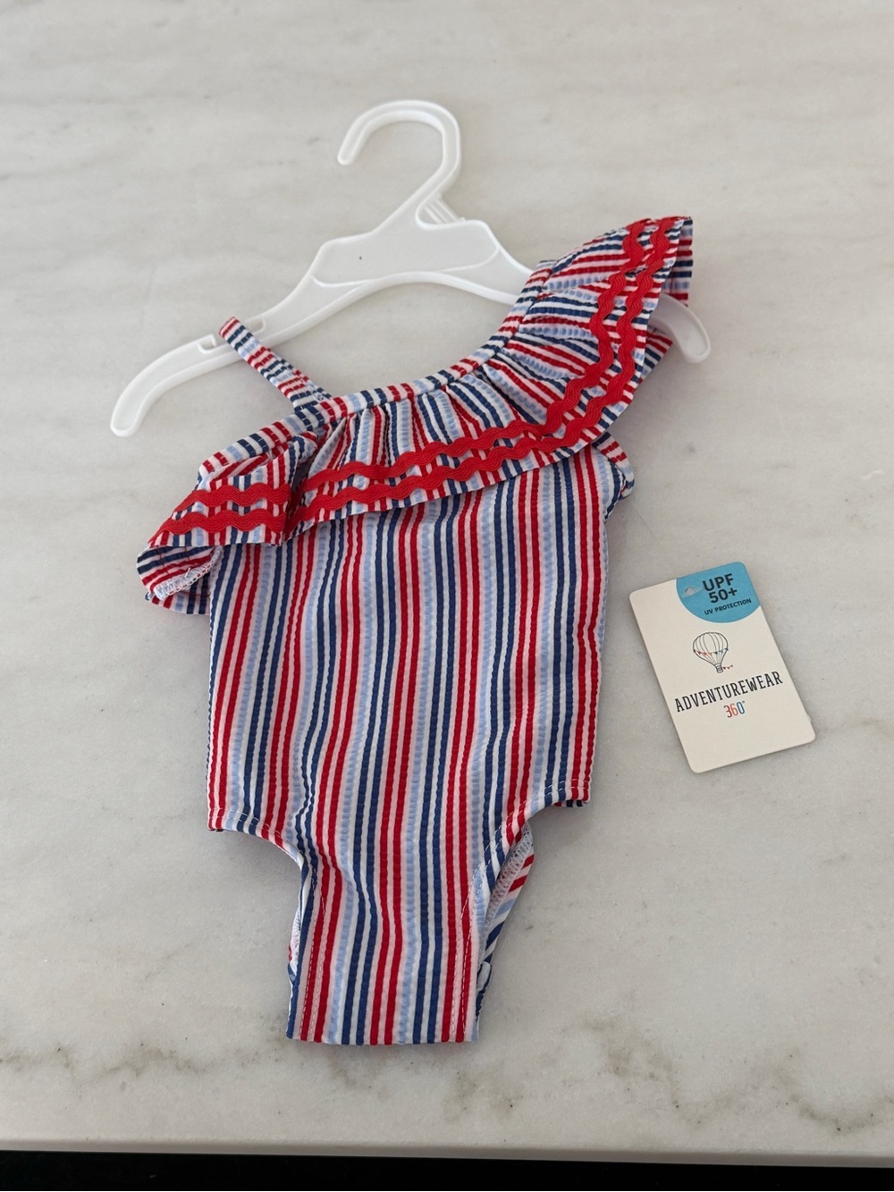 Adventurewear Girls' Red, White & Blue Striped One-Shoulder Swimsuit